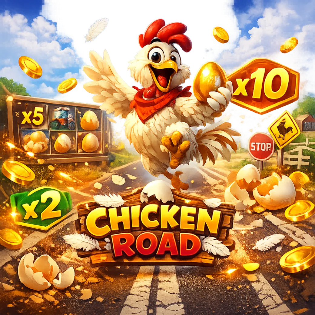 A colorful promotional image for Chicken Road, featuring a humorous chicken on a road with coins, eggs, and playful symbols.