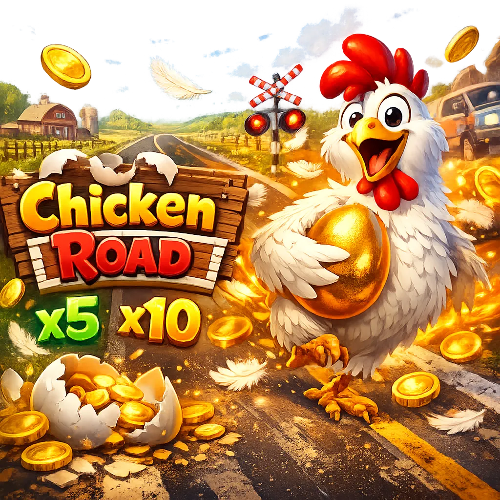 A vibrant promotional image for Chicken Road game featuring a funny chicken, road lanes, eggs, and playful elements.