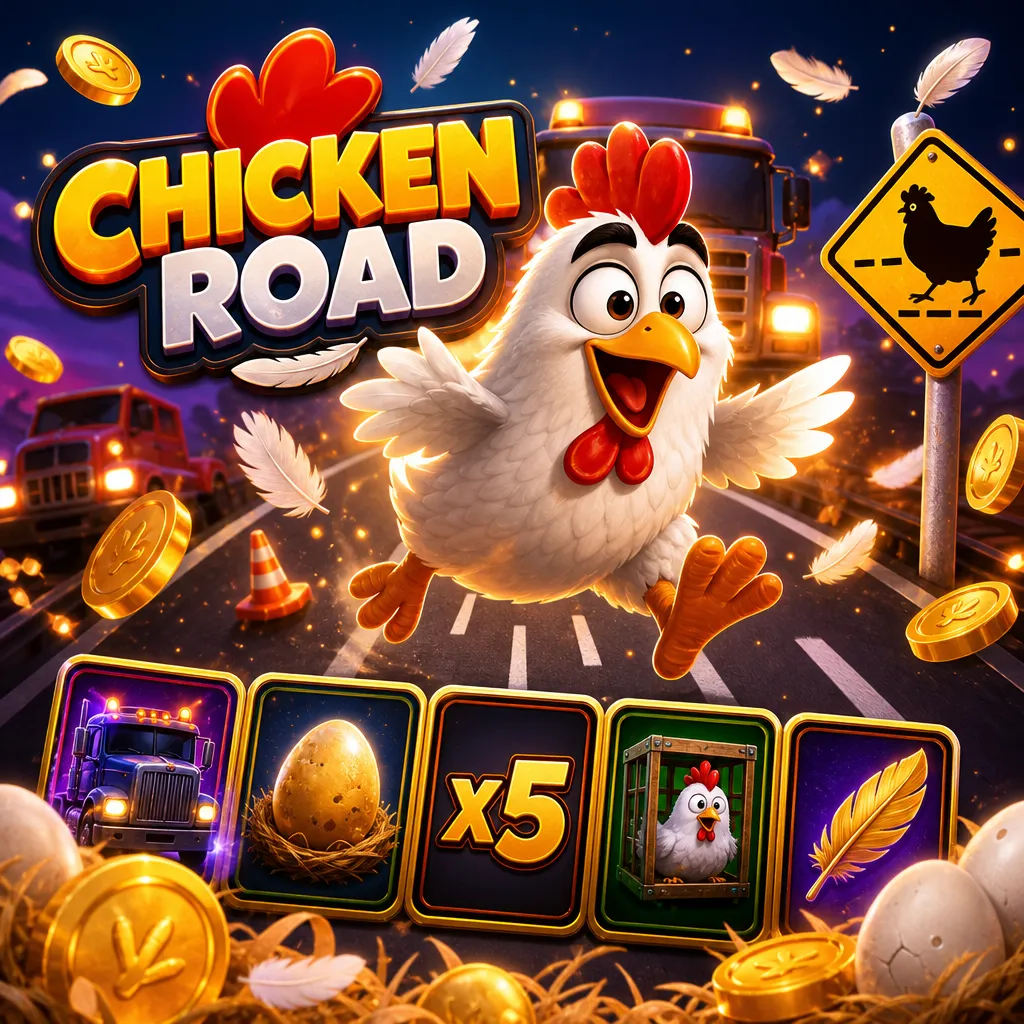 Chicken Road slot game promo image with cartoon chicken, road, and bright colors.