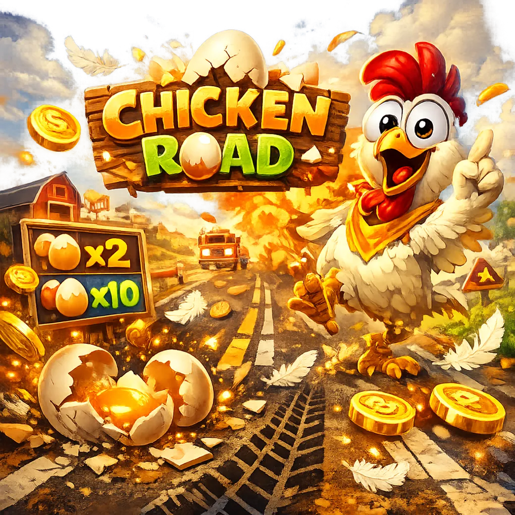 Bright and dynamic promo image featuring Chicken Road slot theme with funny chicken, road lanes, and playful energy.