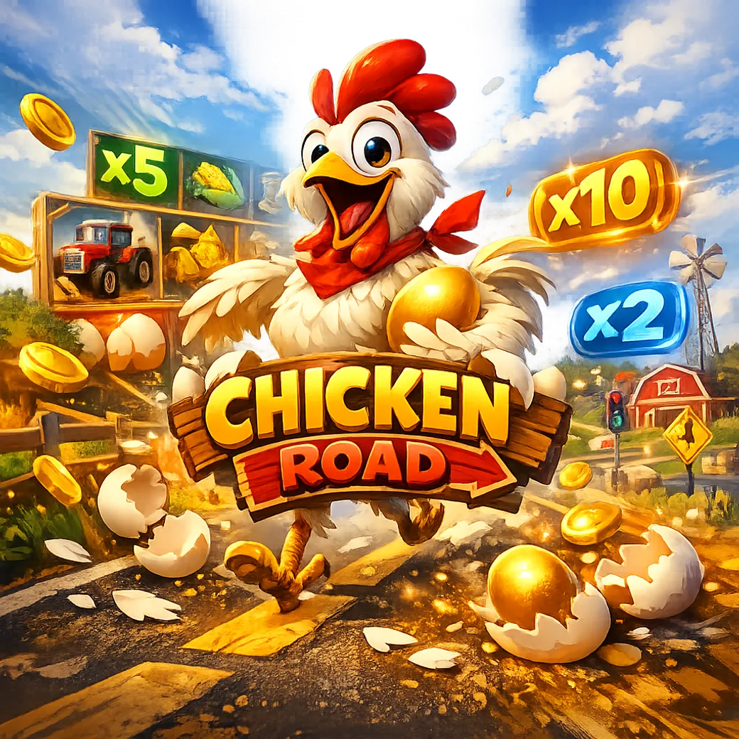 Dynamic promotional image featuring a funny chicken with road lanes, eggs, feathers, and coins embodying bright arcade energy